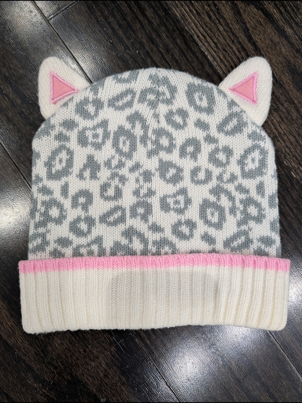5/$35 Kids Knit Cat Ear Beanie - White & Gray with Pink Trim